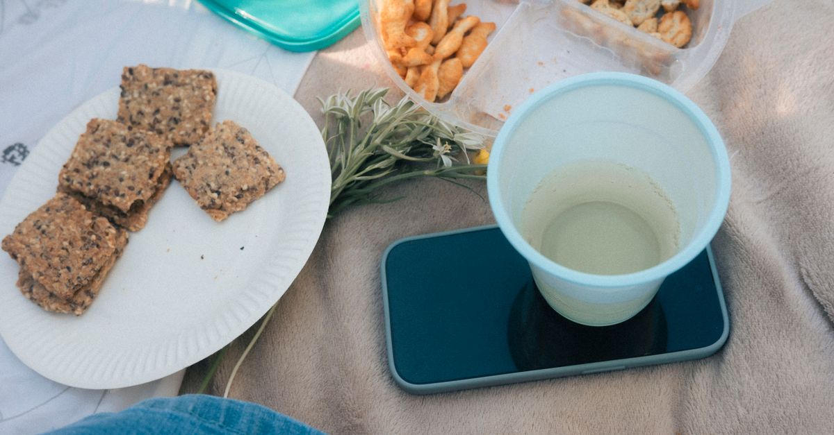 A cozy outdoor picnic setup with snacks, a smartphone, and a drink on a blanket.